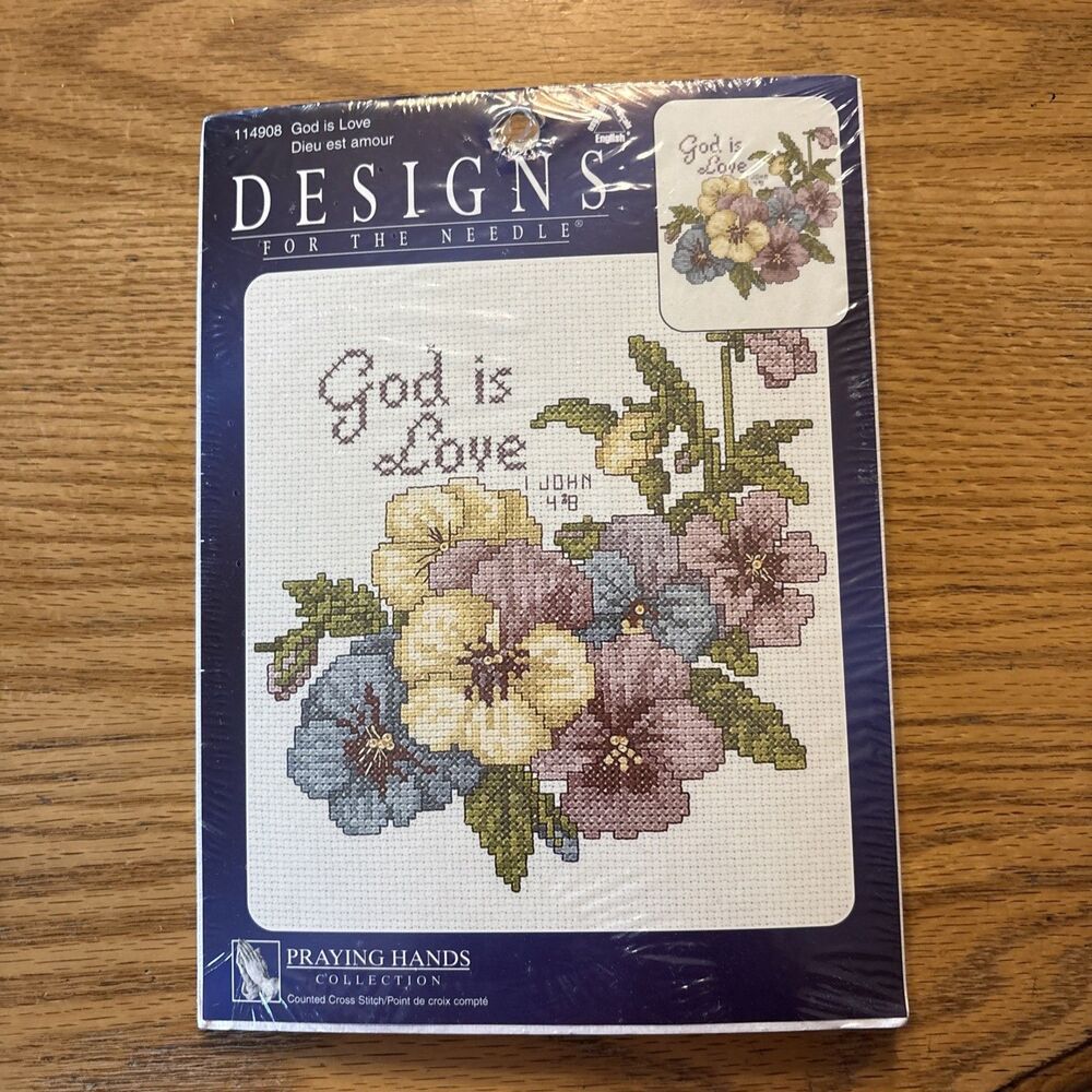 Vtg Designs for the Needle God is Love Counted Cross Stitch Kit Praying Hands